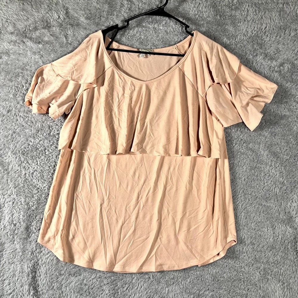 Espressa Blouse Top Women XL Beige Cotton Ruffle Raglan Sleeve Round Hem Classic